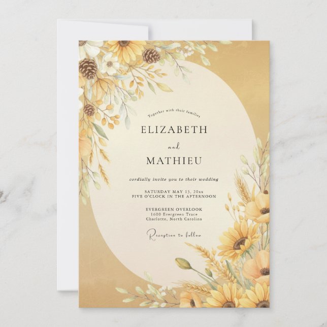 Goldene Sonnenblumen-Eukalyptus-Hochzeit Einladung (Vorderseite)