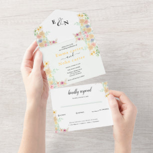 Goldene Sonnenblumen-Schmetterling-Wiese-Hochzeit All In One Einladung