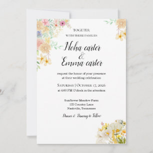 Goldene Sonnenblumen-Schmetterling-Wiese-Hochzeit Einladung