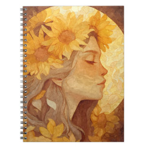 Goldene Sonnenblumen Serene Frau Kunstnotizbuch Notizblock