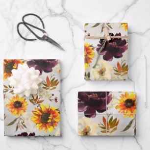 Goldene Sonnenblumen und Bordeaux Weinkultur und E Geschenkpapier Set