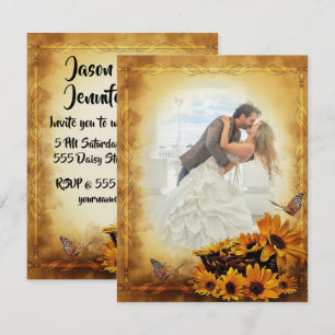 Goldene Sonnenblumen und Schmetterlinge Hochzeit Einladung