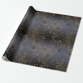 Goldene Spider-Webs auf schwarzer Nachtschicht Geschenkpapier