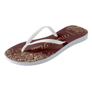 Goldene Spitze auf Auburn Brown Trauzeugin Hochzei Flip Flops