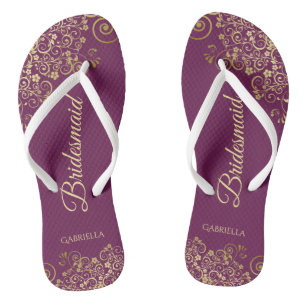 Goldene Spitze auf Cassis Lila Hochzeit der Brautj Flip Flops