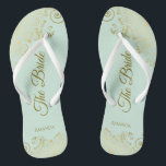 Goldene Spitze auf Mint Green The Bride Elegante H Flip Flops<br><div class="desc">Tanzen Sie die Nacht mit diesen schönen Hochzeitsflip-Flops. Sie sind für die Braut konzipiert und zeichnen sich durch ein schlichtes und dennoch elegantes Design aus, das mit goldfarbenen Schriftzeichen auf einem hellen neo-mint-grünen Hintergrund und extravaganten goldenen Spitzen-Gürteln und Wirbel besticht. Eine schöne Art, extravagant und angemessen bleibe, während Sie Ihren...</div>