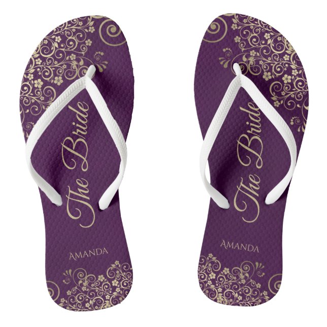 Goldene Spitze auf Pflaume Lila Elegante Die Braut Flip Flops (Fußbett)