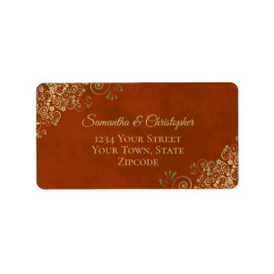 Goldene Spitze auf Rost Orange Elegante Hochzeitsa Adressaufkleber