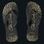 Goldene Spitze auf Schwarz The Bride Elegante Hoch Flip Flops<br><div class="desc">Tanzen Sie die Nacht mit diesen schönen Hochzeitsflip-Flops. Sie sind für die Braut konzipiert und zeichnen sich durch ein schlichtes und dennoch elegantes Design aus, das mit goldfarbenen Schriftzeichen auf klassischem schwarzem Hintergrund und extravaganten goldenen Spitzen-Gürteln und Wirbel besticht. Eine schöne Art, extravagant und angemessen bleibe, während Sie Ihren Füßen...</div>