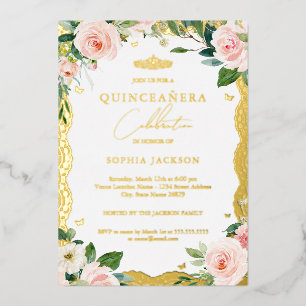 Goldene Spitze Blush Rosa Florale Quinceanera Folieneinladung