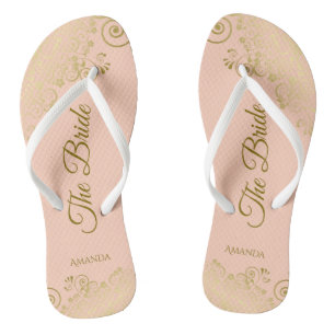 Goldene Spitzen auf Korallenpfirsich Die Braut Ele Flip Flops