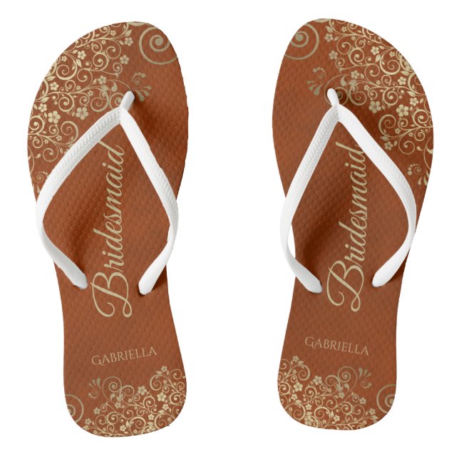 Goldene Spitzen & Rost Orange Hochzeitsfeier Flip Flops (Fußbett)