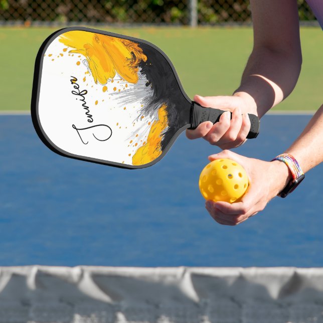 Goldene Splash auf schwarzen Persönlichen Namen Pickleball Schläger (InSitu)