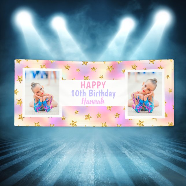 Goldene Stars jedes Alters Girl Foto Bunte Geburts Banner (Gold Stars Any Age Girl Photo Colorful Birthday Banner
)