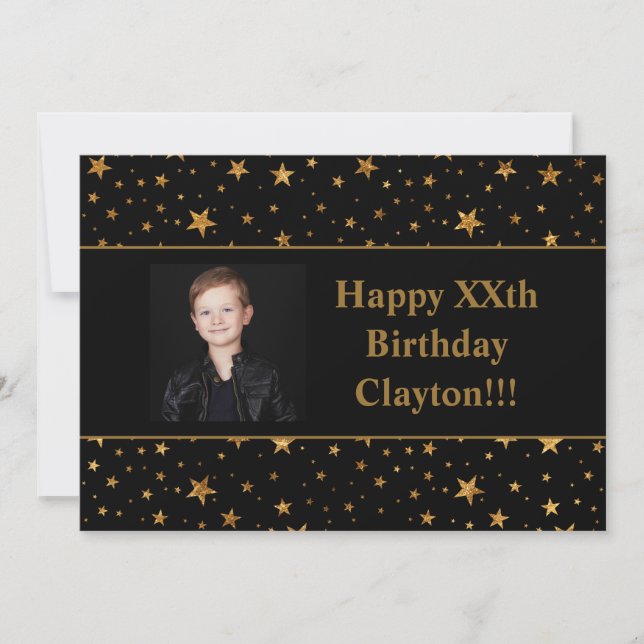 Goldene Stars mit Message-Foto am Schwarzen Geburt Einladung (Vorderseite)