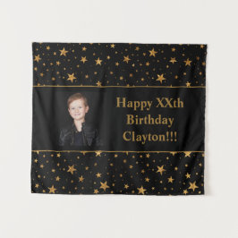 Goldene Stars mit Message-Foto am Schwarzen Geburt Wandteppich