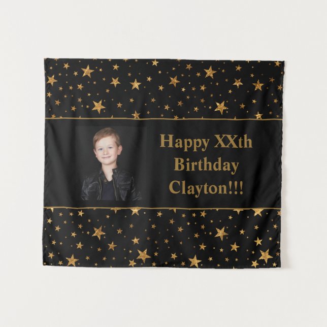 Goldene Stars mit Message-Foto am Schwarzen Geburt Wandteppich (Vorderseite (Horizontal))