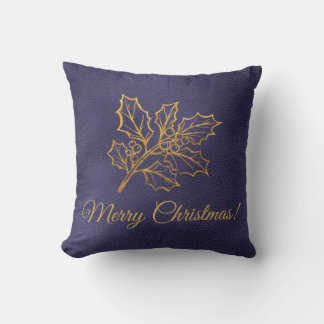 Goldene Stechpalmenblätter Frohe Weihnachten Blau Kissen