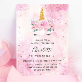 Goldene Sterne Aquamarin Rosa Einhorn Geburtstag Einladung