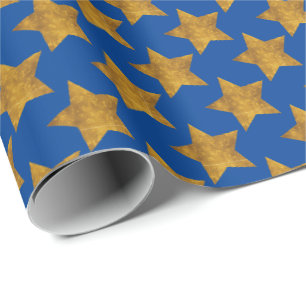 Goldene Sterne auf blauem Geschenkpapier