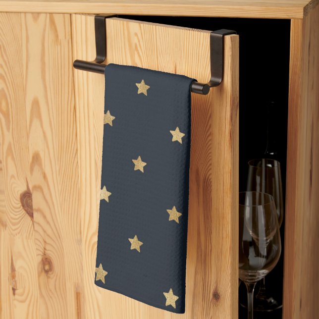 Goldene Sterne auf Mitternachtschwarz Geschirrtuch (Drittel gefaltet)