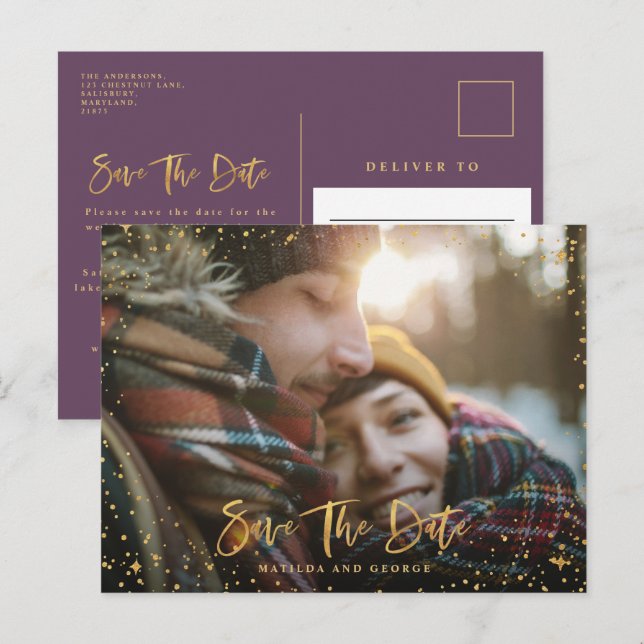 Goldene Sterne Drehbuch Foto Moderne Hochzeit Ankündigungspostkarte (Vorne/Hinten)