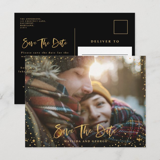 Goldene Sterne Drehbuch Foto Moderne Hochzeit Ankündigungspostkarte (Vorne/Hinten)