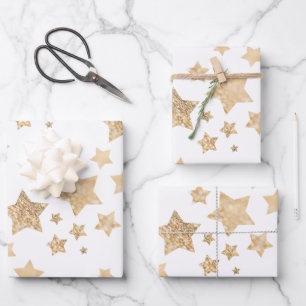 Goldene Sterne Frohe Weihnachtsfeiertage weiß Geschenkpapier Set