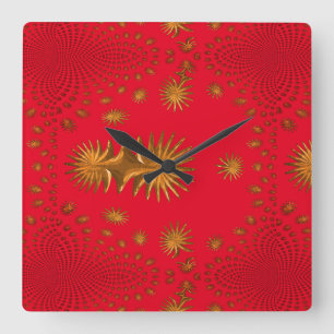 Goldene Sterne im Fraktal, roter Hintergrund Quadratische Wanduhr
