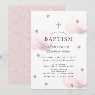 Goldene Sterne & rosa Wolken Girl Baptisse Einladung
