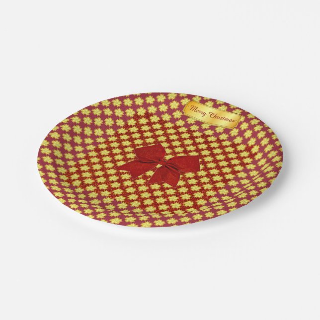 Goldene Sterne und Rote Glitzer Weihnachten Pappteller (Schrägansicht)