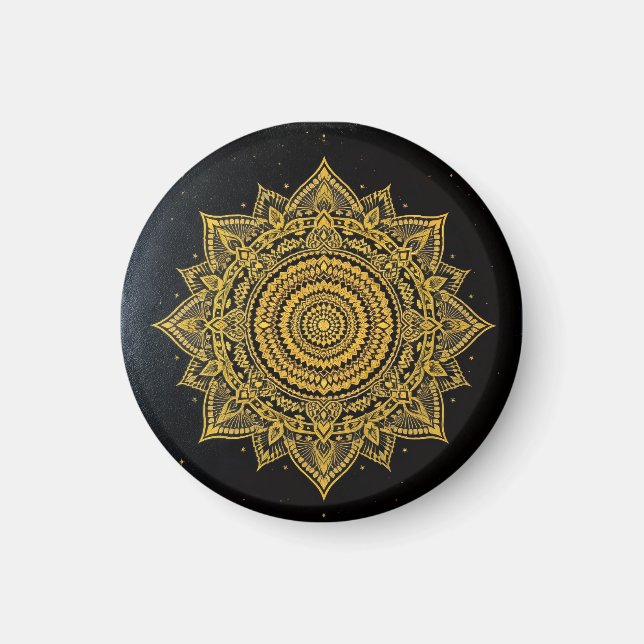 Goldene Sternenexplosion Mandala auf Schwarz Magnet (Vorne)
