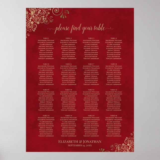Goldene Stickerei auf rotem Hochzeitssitzplan für  Poster (Vorne)