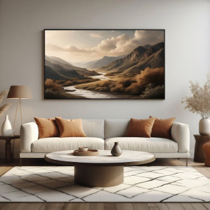 Goldene Stunde Berg Fluss Tal Landschaft Leinwanddruck