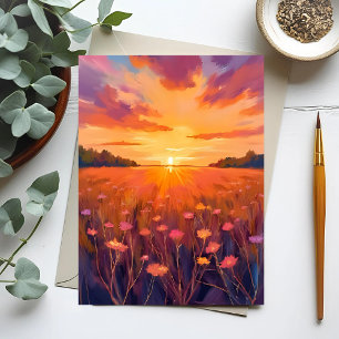 Goldene-Stunde-Blumenfeld-Wasserfarben-Sonnenunter Postkarte