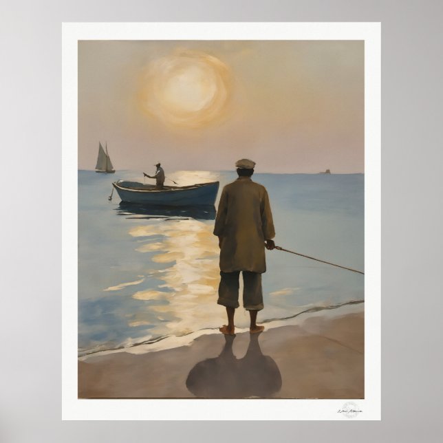 Goldene Stunde Fischer auf See Ölmalerei Poster (Vorne)