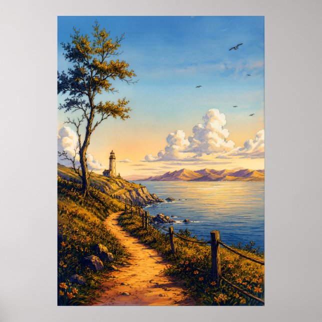 Goldene Stunde Küstenleuchtturm Landschaftsposter Poster (Vorne)