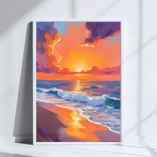 Goldene-Stunde-Orange-Sonnenuntergang-Strand-Ozean Poster