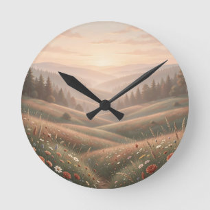 Goldene Stunde Wildblumenwiese Rollende Hügel Sonn Runde Wanduhr