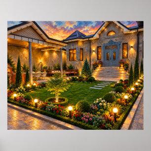 Goldene Sunset Villa Innenhof mit Gartenlichtern Poster