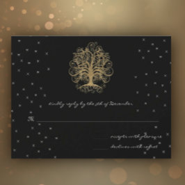 Goldene Swirl-Bäume auf Black Metallic Wedding RSV RSVP Karte