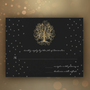 Goldene Swirl-Bäume auf Black Metallic Wedding RSV RSVP Karte