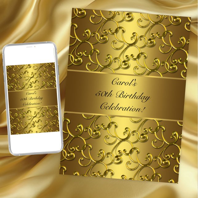 Goldene Swirl-Geburtstagsparty Einladung (Gold swirl any birthday or occasion invitation. Instant download and printed invitations available.)