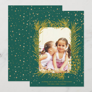 Goldene Tannenrahmen, immergrüne grüne Weihnachtsf Feiertagskarte