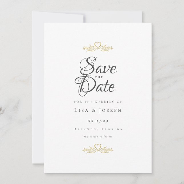 Goldene Tauben und Herz Elegantes Skript Save The Date (Vorderseite)