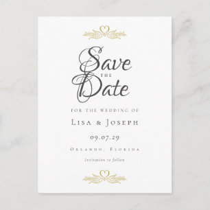 Goldene Tauben und Herzen Elegantes Schrift-Save-t Postkarte