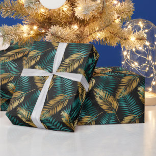 Goldene Teal-Palmblätter   Luxuriöser tropischer S Geschenkpapier