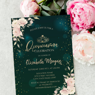 Goldene Tiara, Boho-Blumen Grüne Quinceañera  Einladung