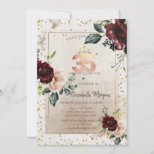 Goldene Tiara, bordeauxfarbene Blumen  35. Geburts Einladung