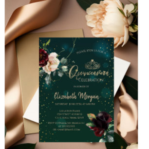 Goldene Tiara,Burgunder Blumen Grüne Quinceañera Einladung
